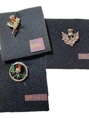 Vintage Thistle and Holly Lapel Pins - Gold Tone with Green and Amber Accents